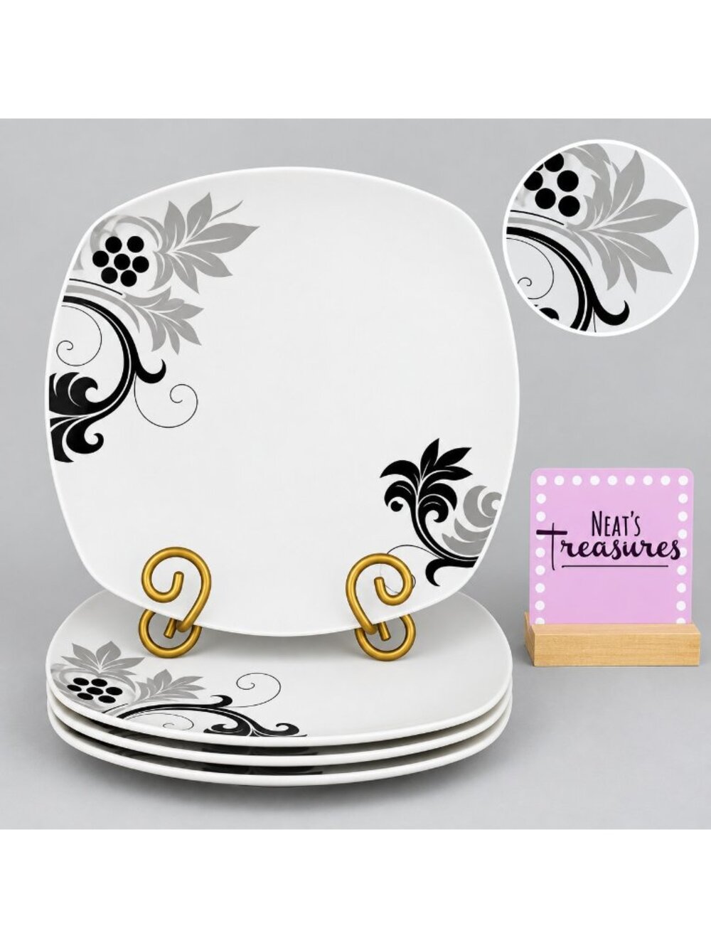 Van Well Wellco Design BLACK GRAY FLORAL Soft Square Ceramic Dinner Plates Set 4
